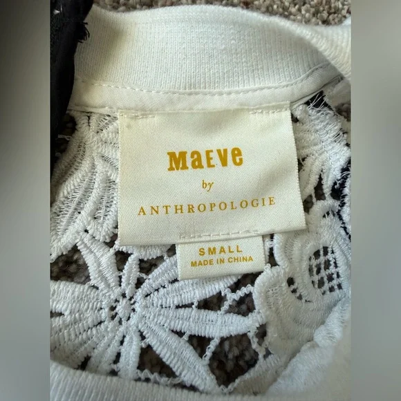 Anthropologie Maeve lace long sleeve white top black cuffs Small SO CUTE! Zipper - Picture 8 of 12